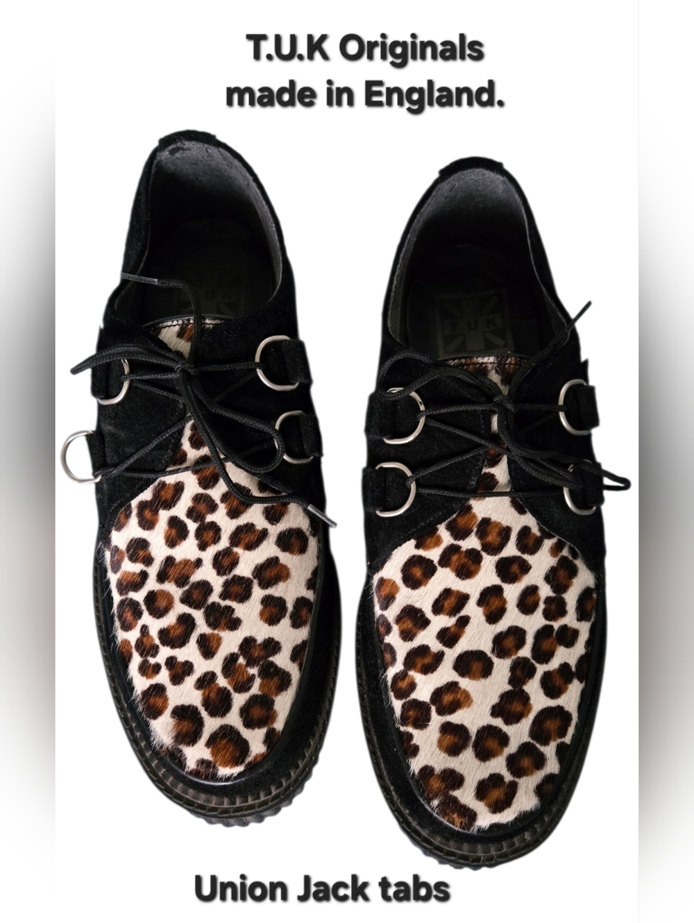 T.U.K. Originals Black Suede Mondo Creeper Platform Shoes Cowhair Leopard Print